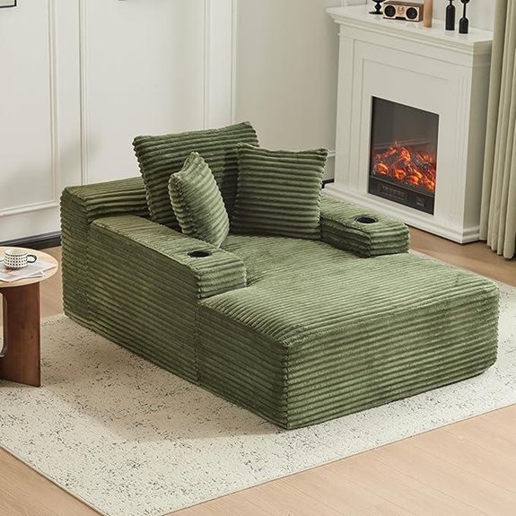 Oversized Green Corduroy Chaise Lounge Sofa Bed