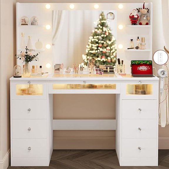White Vanity with Lighted Mirror and Storage