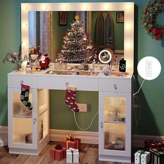Vanity Desk with Mirror Lights & Power Outlet
