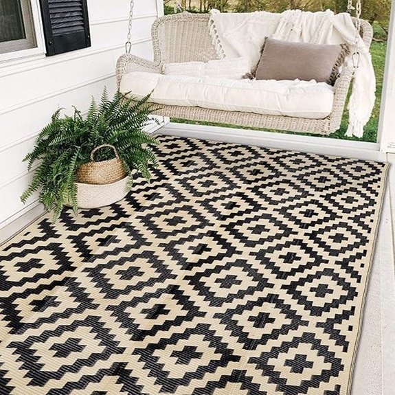 Waterproof Outdoor Rug 5x8 ft Reversible Black & Beige
