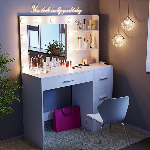 JUMMICO Vanity Desk with LED Mirror & Storage